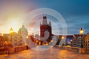 View of Charles Bridge in Prague during sunset, Czech Republic. The world famous Prague landmark