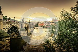 View of Charles bridge at sunset in Prague