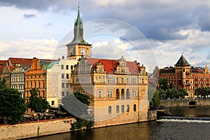 View from Charles Bridge to Museum of Smetana in Old Town Prague on Vltava River. The museum is dedicated to Czech composer