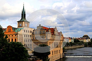 View from Charles Bridge to Museum of Smetana in Old Town Prague on Vltava River. The museum is dedicated to Czech composer