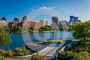 View of the Charles River and buildings in Boston, at North Point Park, in Cambridge, Massachusetts.