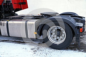 View of the chassis part of the truck. Visible fifth wheel couplings are fitted to a tractor unit to connect it to the trailer