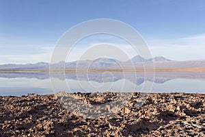 A view of Chaxa saltflat at sunset