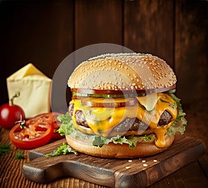 View of cheeseburger is a classic American dish that boasts a juicy beef patty cooked to perfection and topped with melted cheese