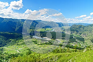 View of Chemal village from mountain Camel. Altai Republic, Russia