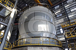 View of chemical welded and bolted storage tank in the factory. Storage tanks are available in many shapes.