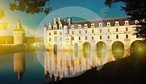 View from Cher river of Chateau de Chenonceau