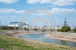 View on Chernobyl nuclear station, 4-th power unit with sarcophagus, sunny weather