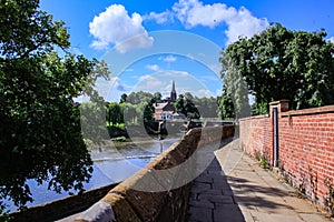 The view of Chester city in Chester City Wall with Old Dee Bridge and Dee River.