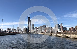 View of Chicago cityscape from Chicago River Illinois.