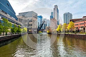 View of Chicago cityscape from Chicago River, United States