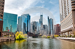 View of Chicago cityscape from Chicago River, United States