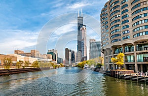 View of Chicago cityscape from Chicago River, United States