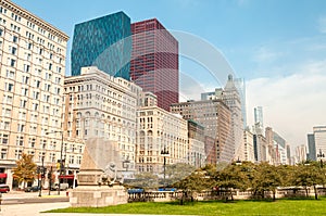 View of Chicago Downtown Skyline with Skyscrapers, urban scene, USA