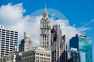 View of Chicago Famous Downtown buildings including Tribune Tower, Intercontinental Hotel, Wrigley Building.