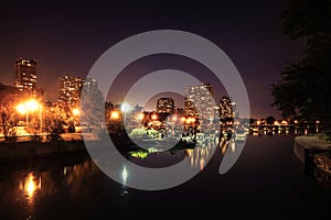 View on Chicago harbor at night with docks and boats