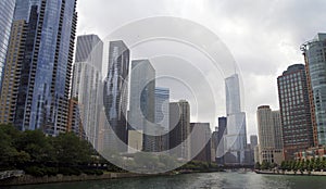 View of the Chicago River between the skyscrapers of the city of Chicago, Illinois, United States