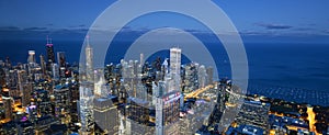 View of Chicago skyline and lake by night