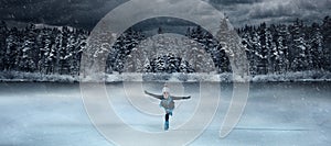 View of child figure skater on winter lake