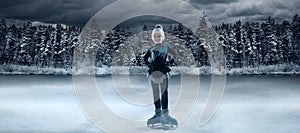 Child  figure skater on winter lake  background