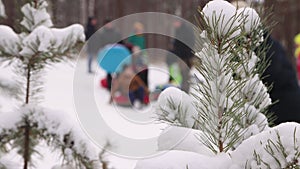 A view of children cheerfully sliding down the hill in defocus.