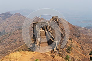 View of Chilkhati buruj from Suvela Machi, Rajgad fort, Pune, Maharashtra