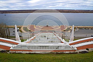 View of Chkalov staircase, boat Volga Flotilla and Volga River, Nizhny Novgorod, Russia