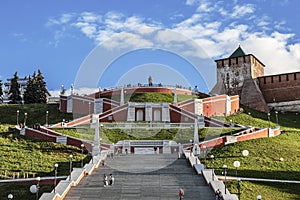 View of the Chkalov Stairs from the Nizhne-Volzhskaya embankment on a sunny summer day. Nizhny Novgorod