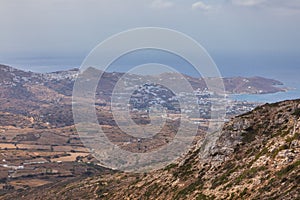 View of the Chora and port at Aegean Sea, Ios Island, Greece