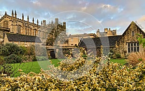 The view of Christ Church buildings: Great Dining Hall and Bodley Tower from the Memorial Gardens. Oxford University. England