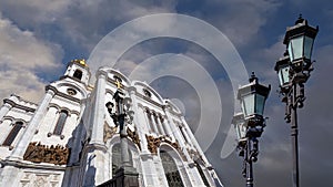 View of the Christ the Savior Cathedral day on the background of moving clouds, Moscow, Russia.