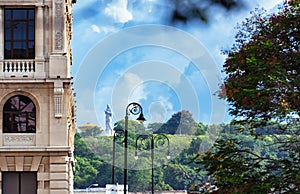 View of the christ statue from the famous historical place Plaza vieja in the old town from Havana City Cuba