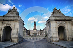 View on Christiansborg Palace from The Marble Bridge in Copenhagen, Denmark
