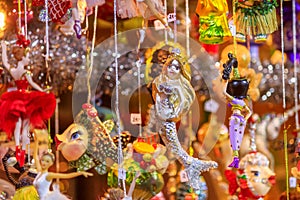 View of the Christmas decorations closeup on the Christmas Market