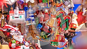 View of the Christmas decorations closeup on the Christmas Market