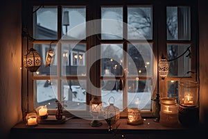 view of christmas lanterns glowing in window of peaceful cottage