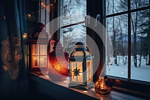 view of christmas lanterns glowing in window of peaceful cottage