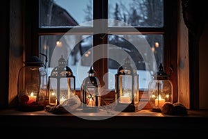 view of christmas lanterns glowing in window of peaceful cottage