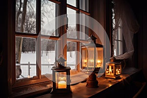 view of christmas lanterns glowing in window of peaceful cottage