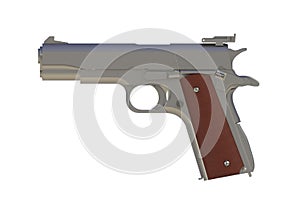 Beside view of chromium M1911 semi-automatic .45 caliber pistol isolated on white background