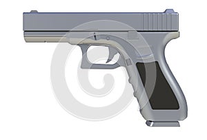 Beside view of chromium semi automatic 9x19 handgun isolated on white background
