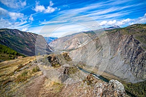 View of the Chulyshman valley with the Chulyshman river at the Katu-Yaryk pass. Altai Republic, Siberia, Russia