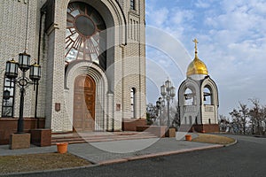 View of The Church of All Saints  in Mamayev Hill War Memorial in Volgograd. Russian orthodox theme