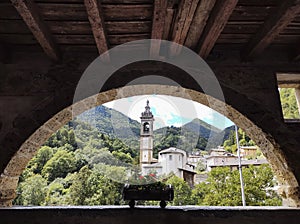 View of the church of Averara a village of Val Brembana