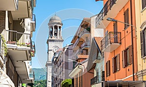 View with church bell tower in Verbania Intra, Italy