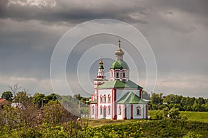 View of the Church of Elijah the Prophet on Ivanova mountain before the storm in Suzdal