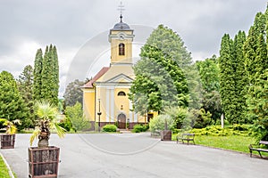 View at the Church of Exaltation of St.Cross in the streets of Bardejovske kupele town, Slovakia