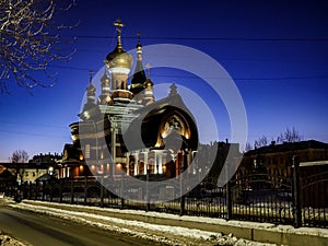 view of the church on a frosty winter night