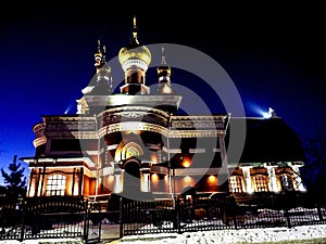 view of the church on a frosty winter night