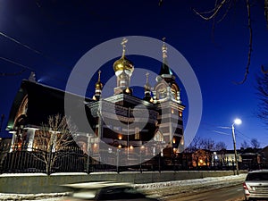 view of the church on a frosty winter night